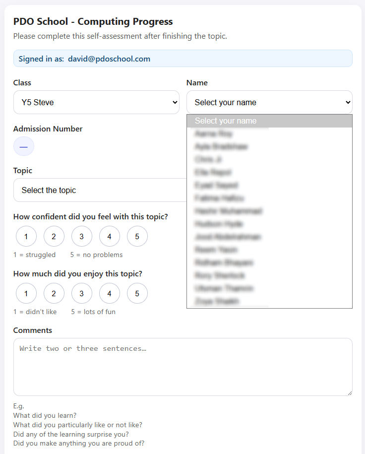 Student self-assessment form