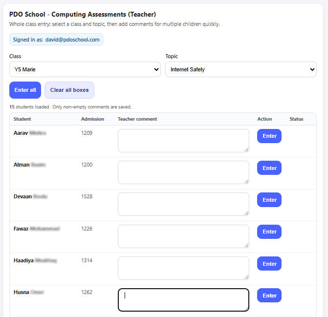 Teacher assessment form